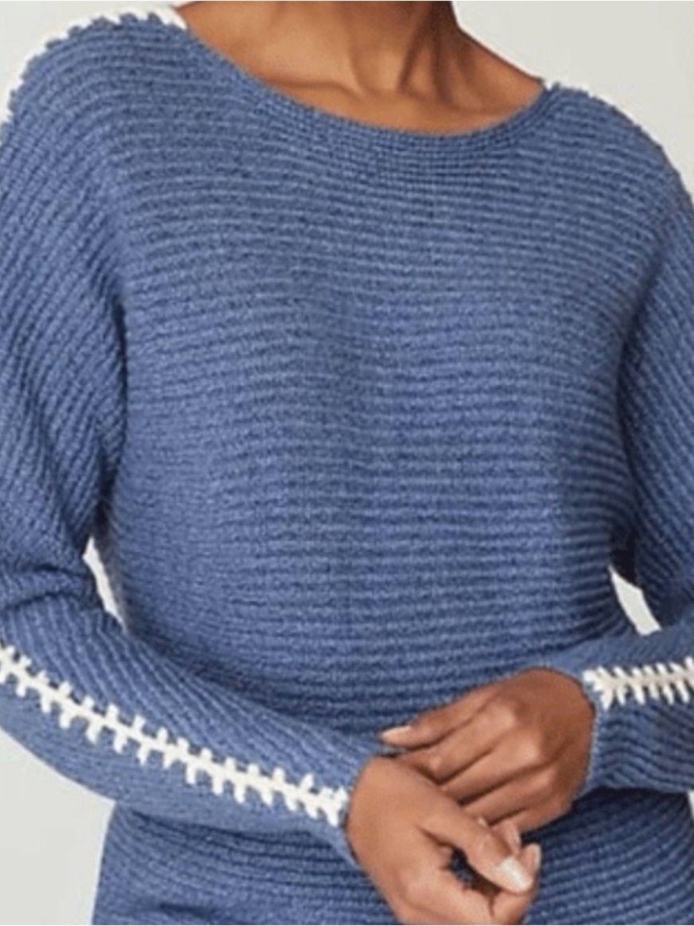 J. Jill Blue Knit Crewneck Sweater with Cream Contrast Trim